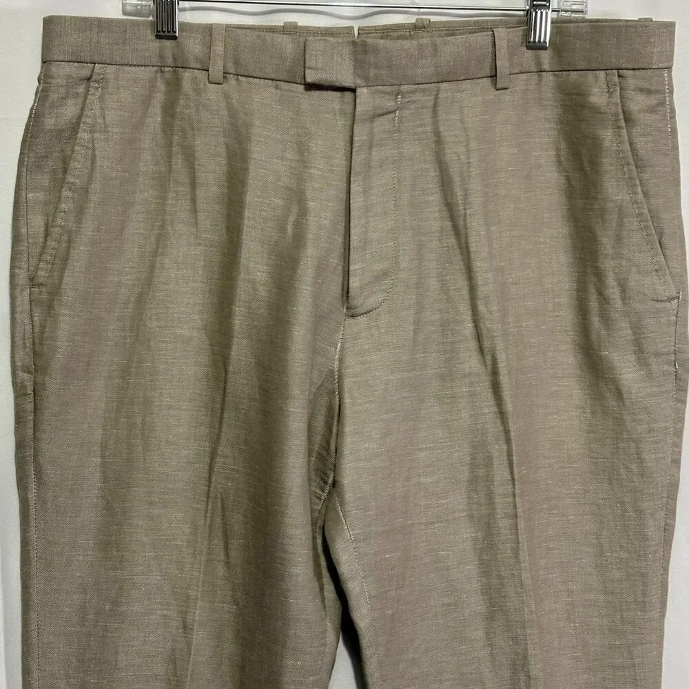 Perry Ellis Pants Mens 36 X 32 Slim Fit Linen Blend Chino Slacks Beige Khaki